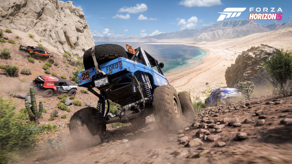 The Ford Brocky races down the side of a mountain toward the beach in FH5.