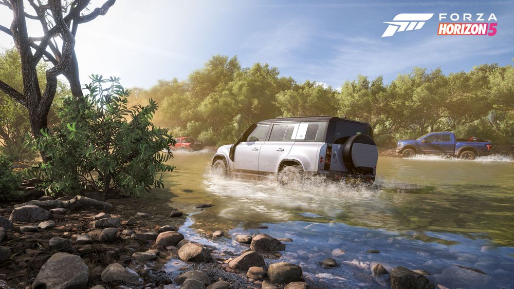 An SUV and a pickup truck race through a river in FH5.