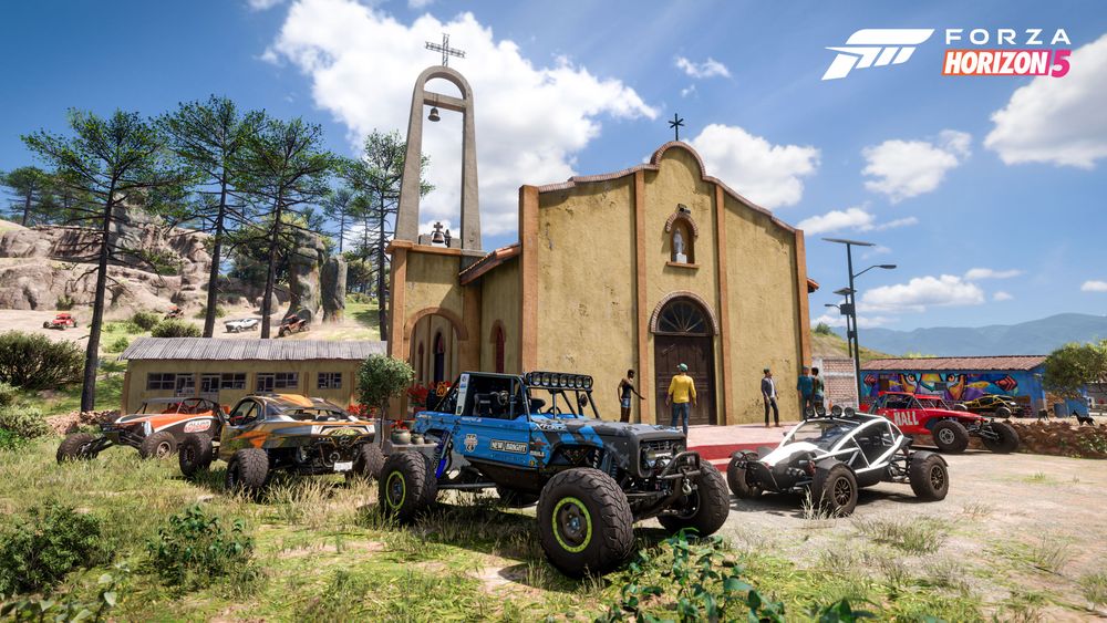 The Ford Brocky and other buggies are parked in front of a church in Horizon Mexico.