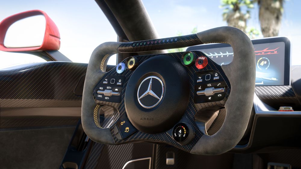 A close up of the Mercedes-AMG ONE steering wheel in FH5.