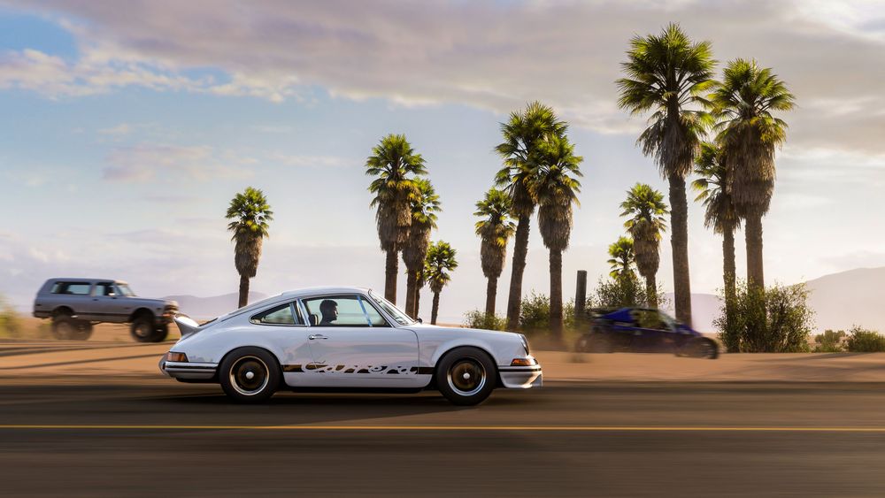Side view of a 1973 Porsche 911 driving past palm trees in FH5.