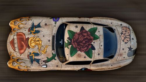 Top down view of a car with a custom designed livery.