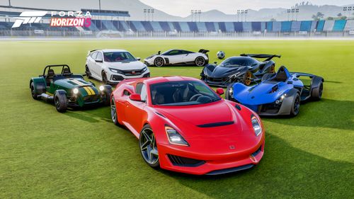 A group of cars colored red, green, white, silver and black parked on a green football field in the Horizon Stadium representing the Horizon World Cup.