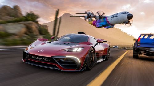The Mercedes-AMG ONE races through Mexico's Living Desert as the Horizon Cargo Plane flies overhead and a blue Ford Raptor drives the opposite side.