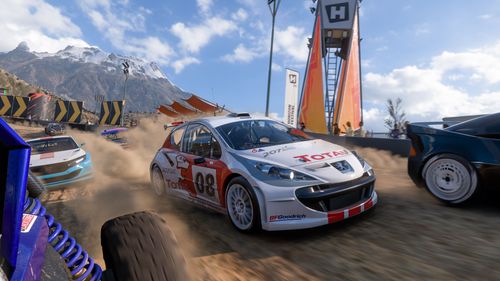 A rally car races on a dirt track in FH5.